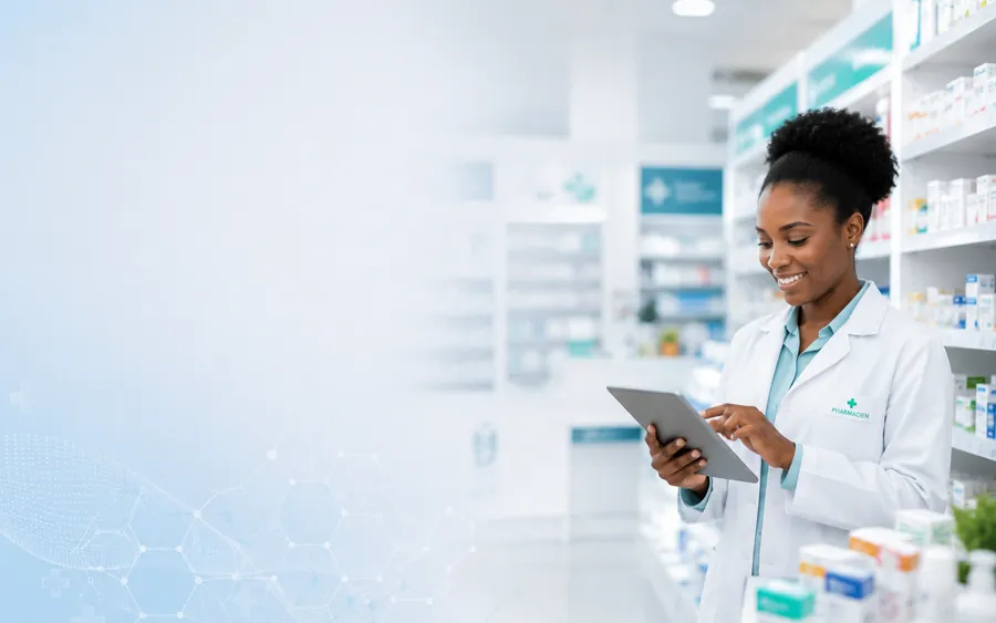 Pharmacienne africaine utilisant une tablette dans une pharmacie moderne — Pharivia